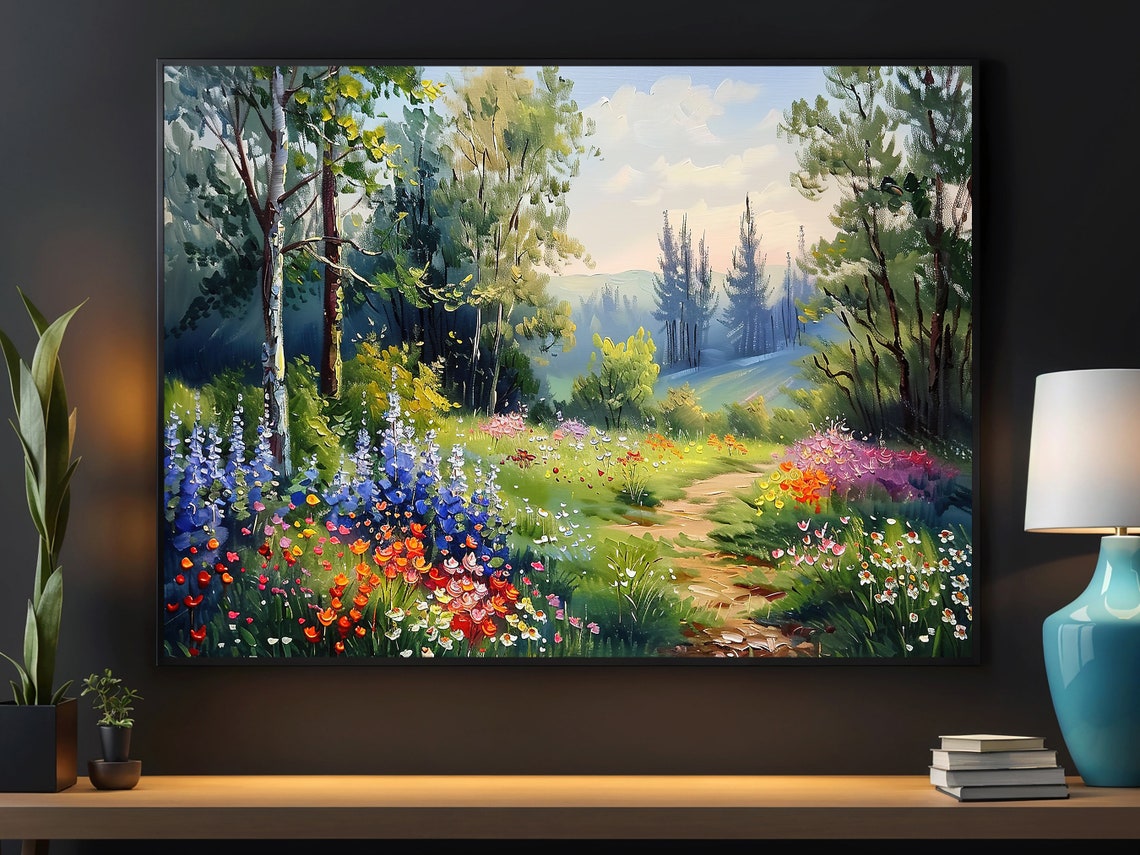Summer Forest Meadow With Lupines Birch Trees Wildflower Path Poster