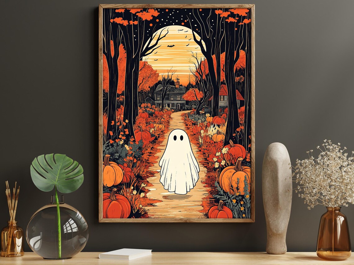 Cute Ghost Pumpkin Patch Autumn Forest Moon Vintage Halloween Illustration Poster - Image 6