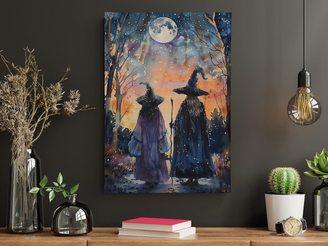 Mother And Child Witches Under Moonlight Watercolor Halloween Poster - Image 4