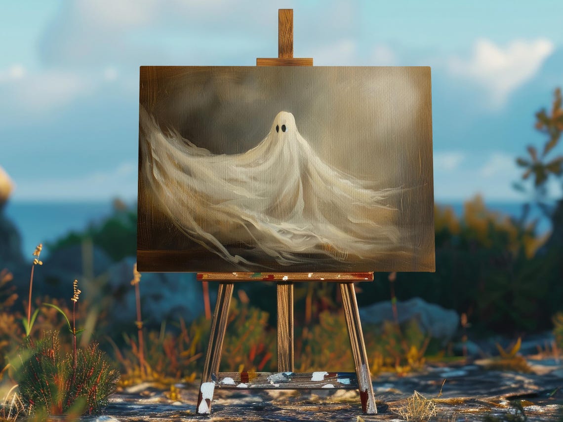 Elegant Flowing Sheet Ghost Painting in Dark Golden Light Art Poster - Image 2