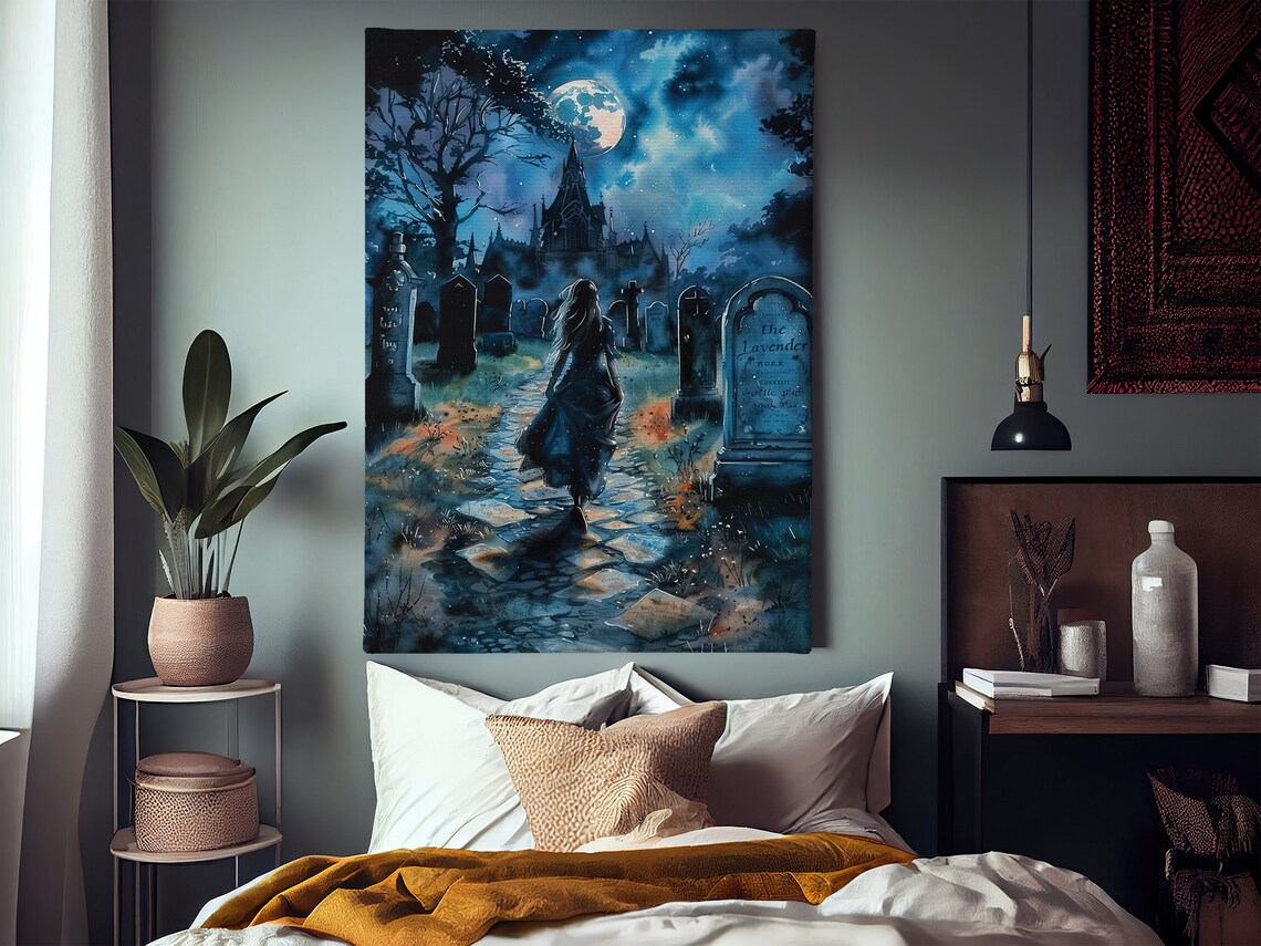 Moonlit Cemetery Witch Gothic Cathedral Blue Night Watercolor Spooky Poster - Image 2