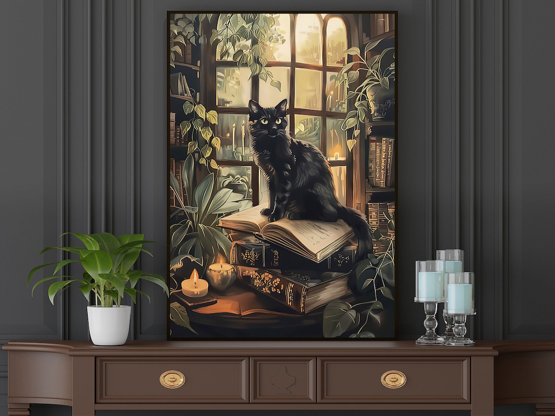 Vintage Black Cat and Books, Cottage Cat Art Print