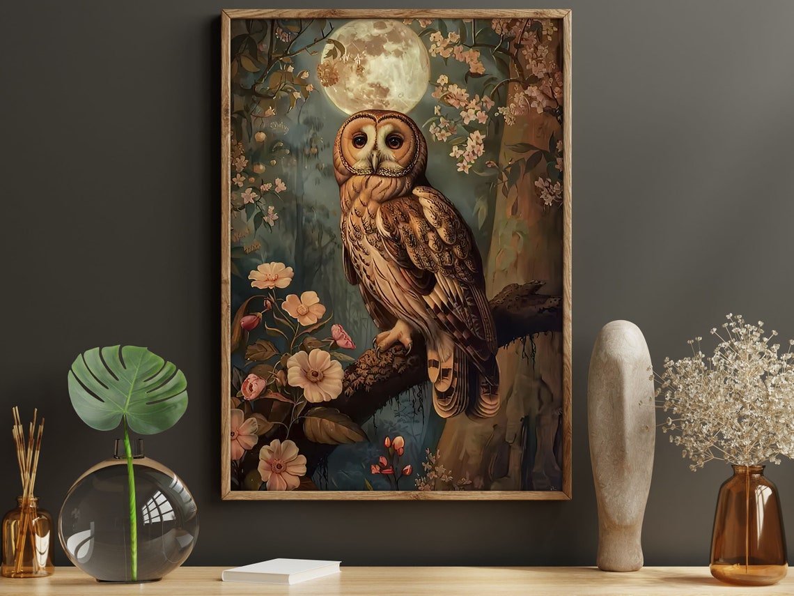 Barn Owl Moonlight Blossom Branch Dreamy Night Forest Art Poster - Image 5