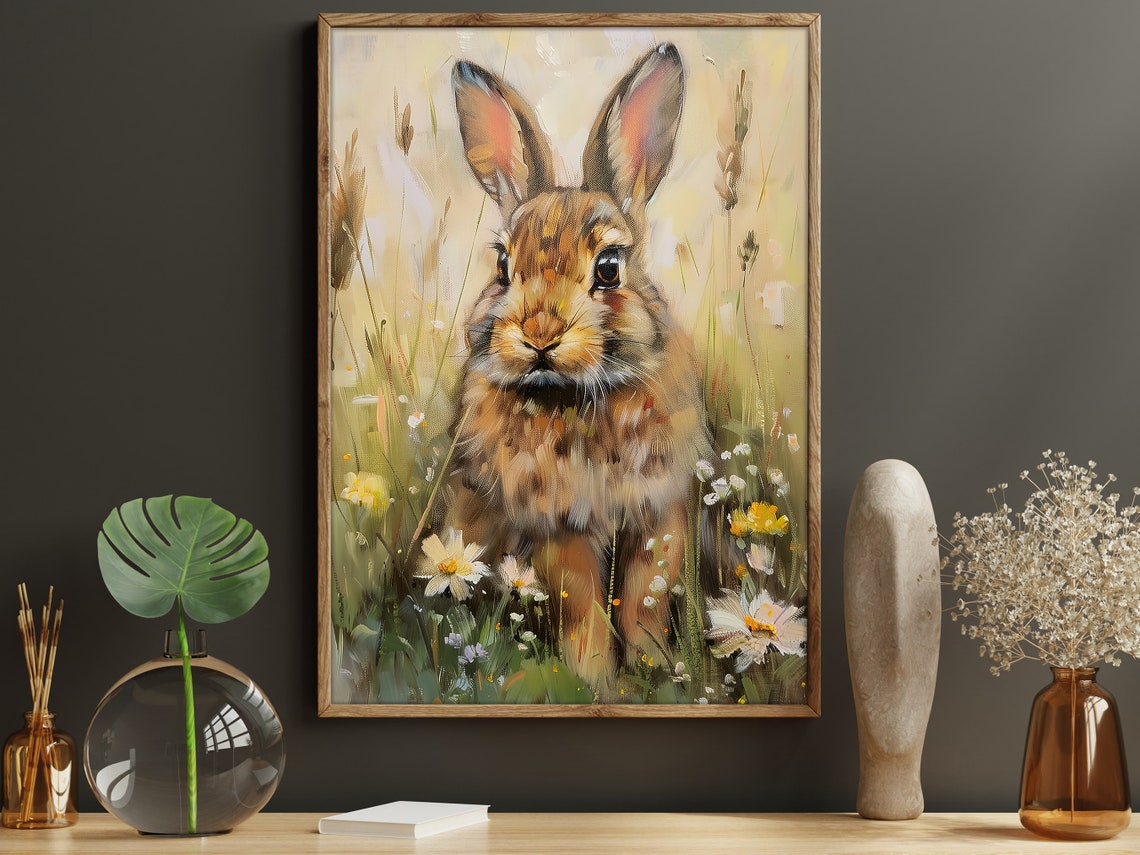 Rabbit Sitting In Wildflower Meadow Golden Light Nursery Animal Poster