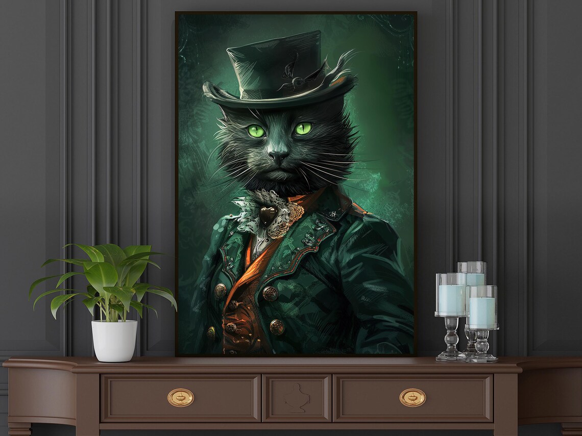 Gothic Gentleman Black Cat Portrait In Top Hat Vintage Style Print - Image 4