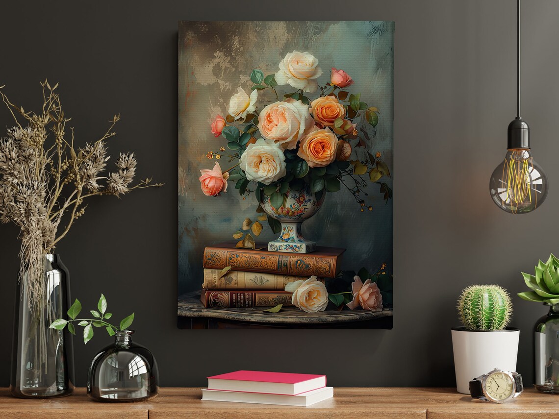 Cream Roses Porcelain Urn Vintage Books Moody Floral Still Life Poster - Image 4