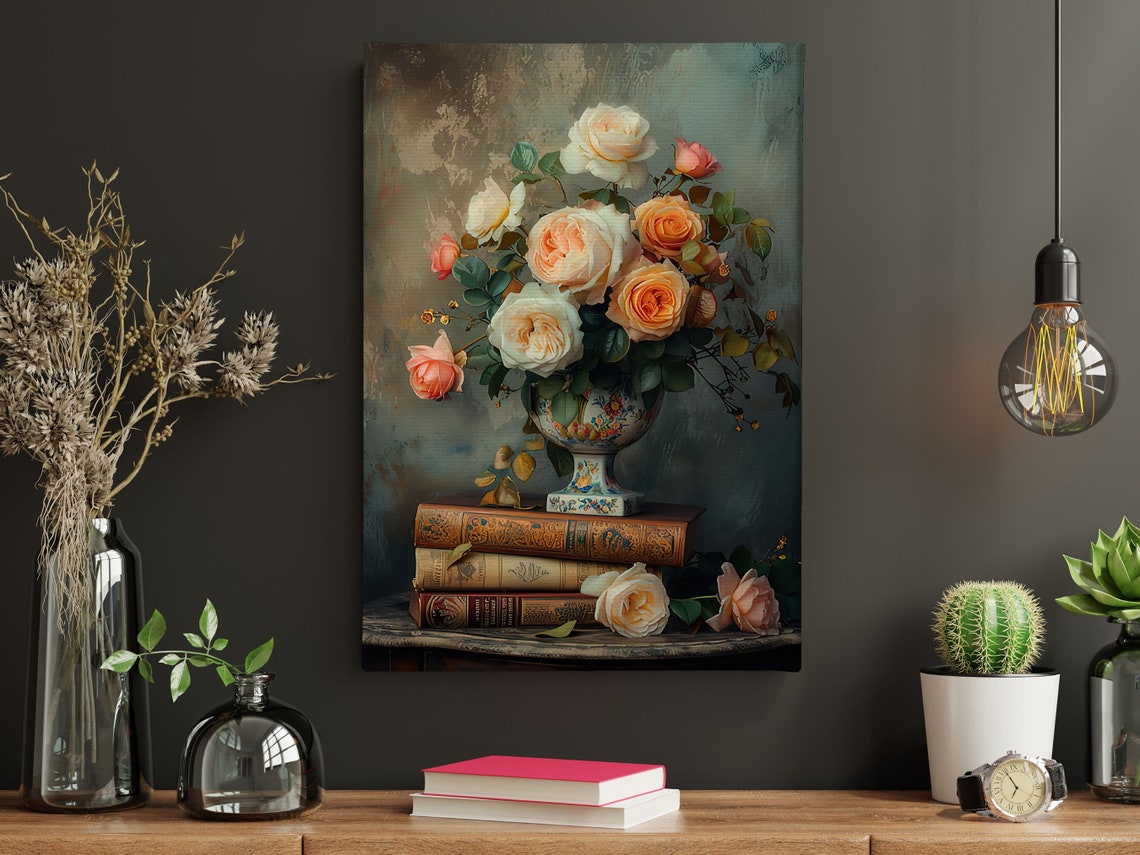 Vintage Flowers Vase And Books Painting Flowers Vase Print Cottage Flowers Flowers Poster Flowers Wall Art - Image 4
