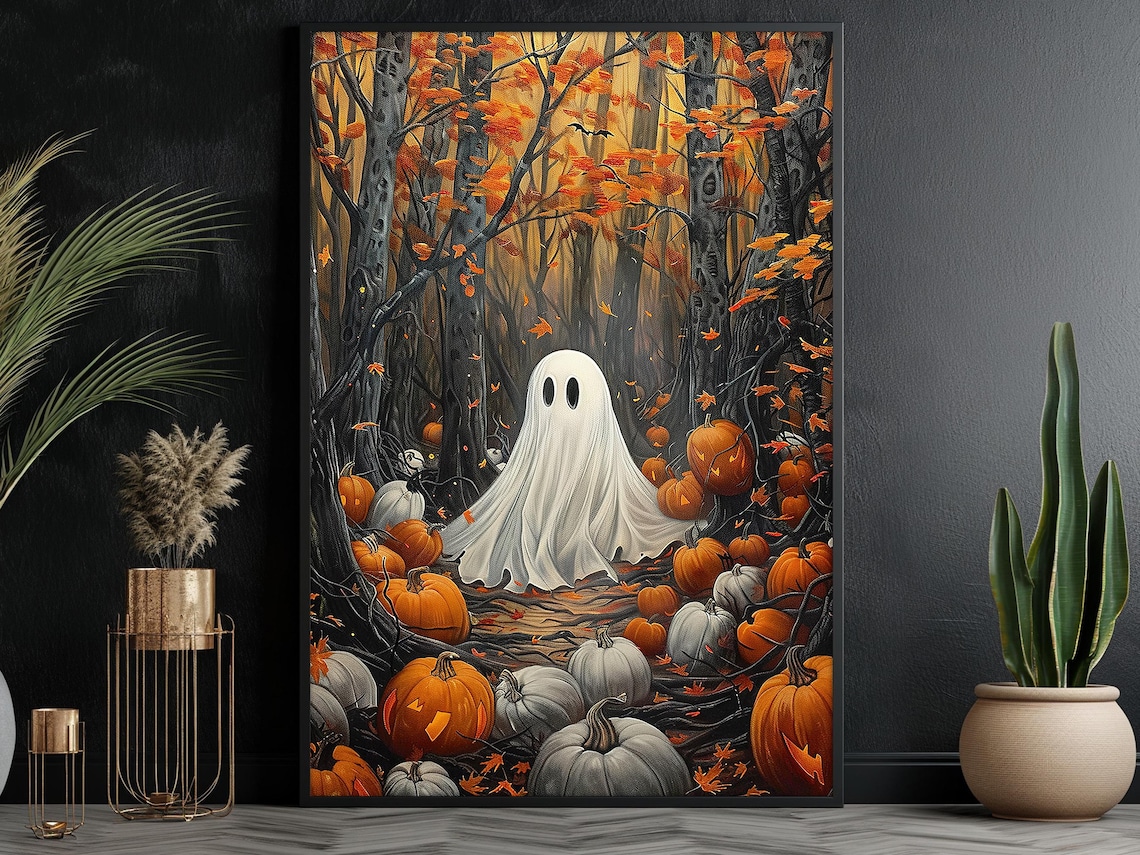 Vintage Ghost In Forest, Autumn Halloween Poster Print