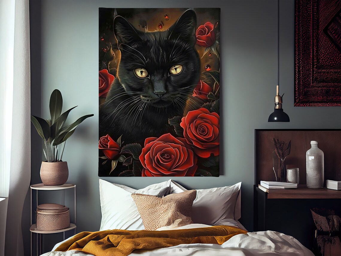 Black Cat Red Roses Gothic Floral Portrait Dramatic Animal Art Wall Poster - Image 3