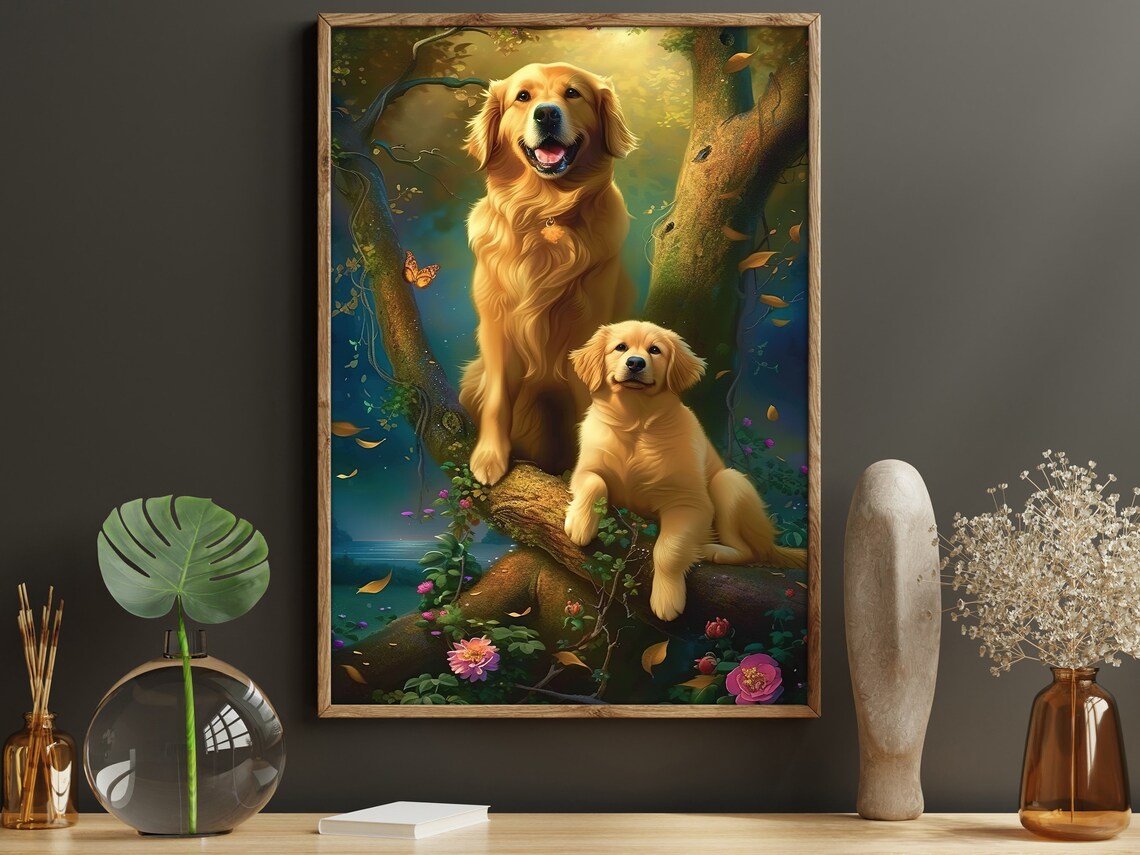 Golden Retriever Mother And Puppy In Magical Forest Dog Art Poster - Image 5