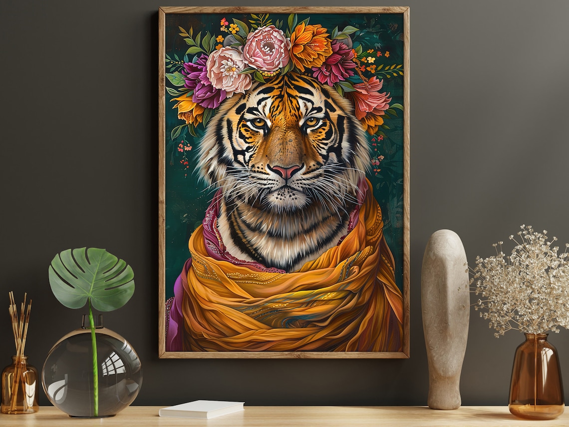 Matisse-Inspired Maximalist Floral Tiger Art Print
