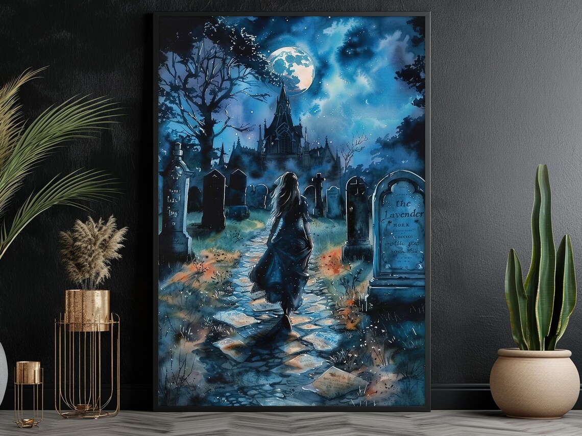 Moonlit Cemetery Witch Gothic Cathedral Blue Night Watercolor Spooky Poster - Image 5