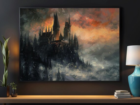 Dark Gothic Castle on Hill Under Fiery Sunset Sky Halloween Art Poster