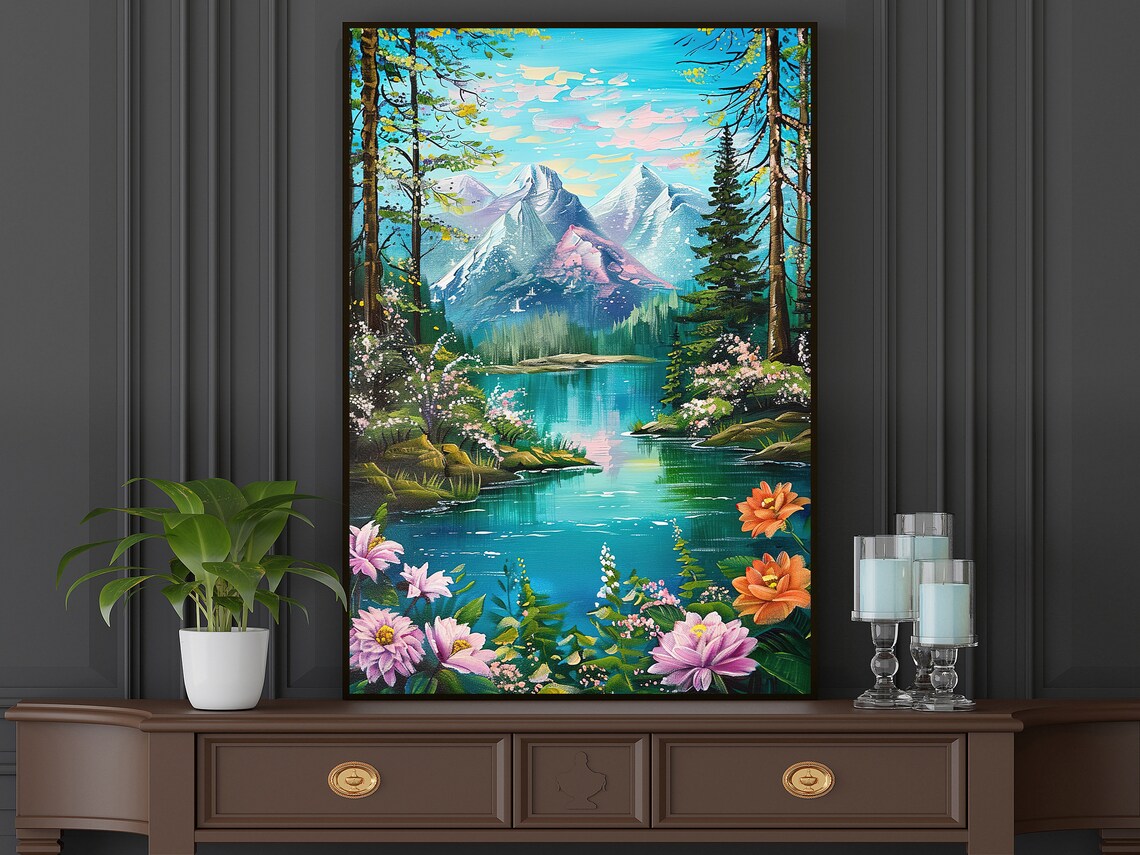 Snow Capped Mountain Lake Pine Forest Flowers Oil Painting Poster - Image 5
