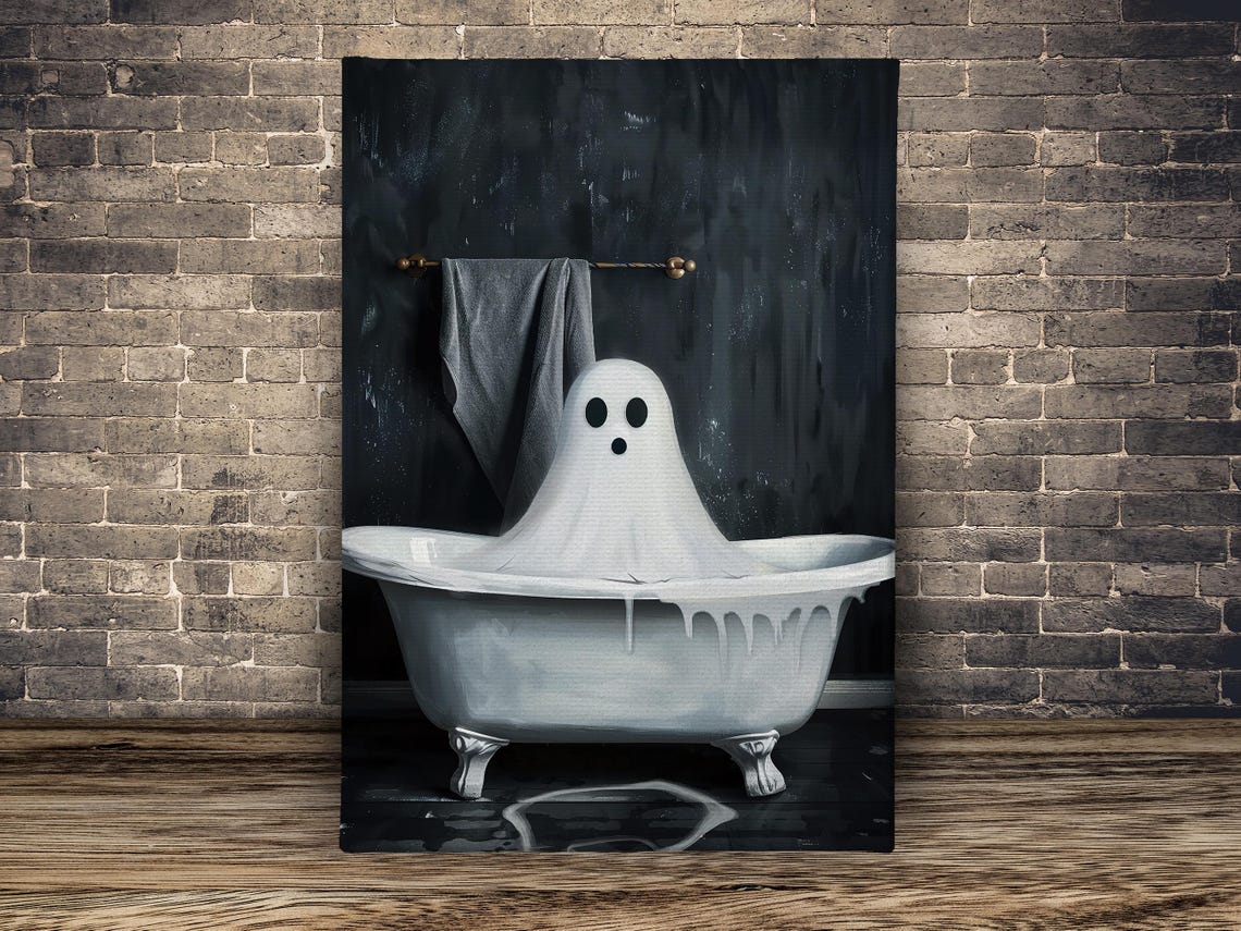 Surprised Ghost In White Bathtub Dark Funny Halloween Art Poster - Image 2