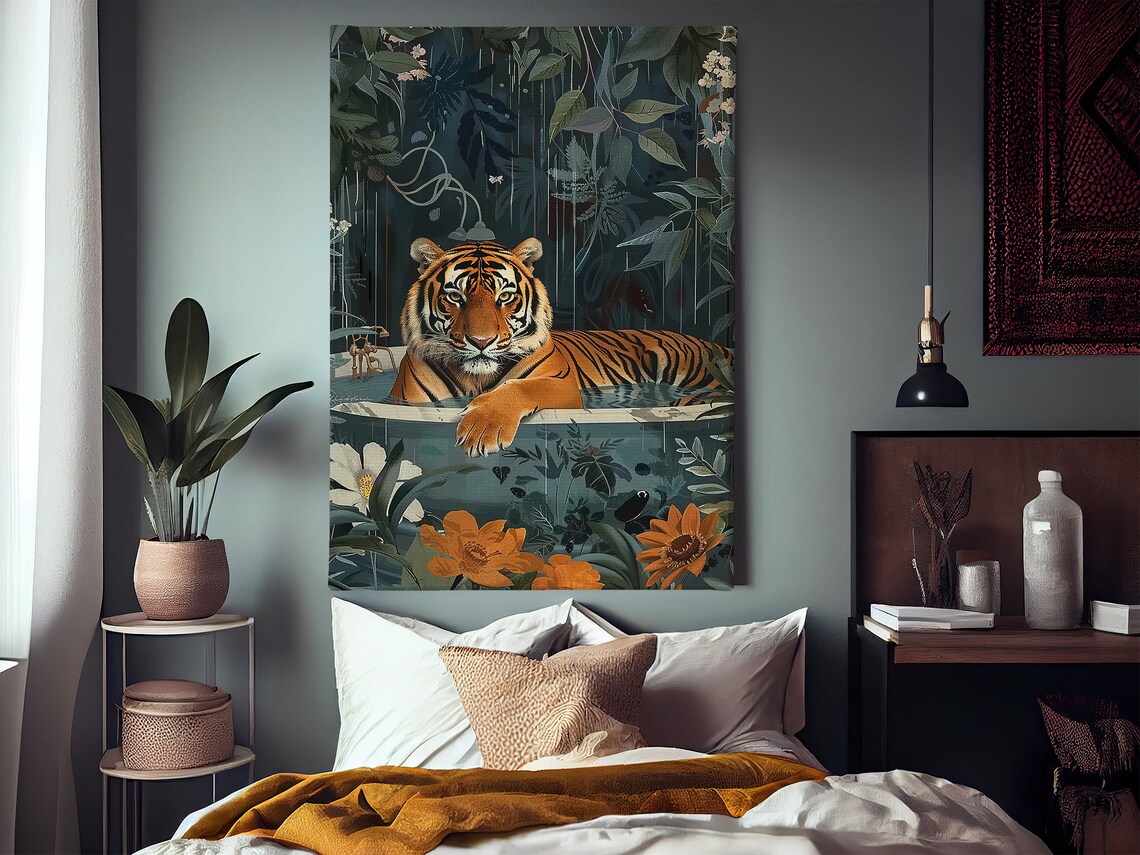 Tiger In Bathtub Tropical Jungle Floral Fun Animal Art Poster - Image 2