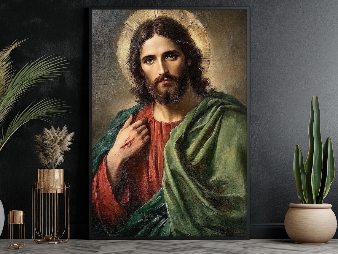 Classic Jesus Christ Portrait With Golden Halo Red Robe Religious Print