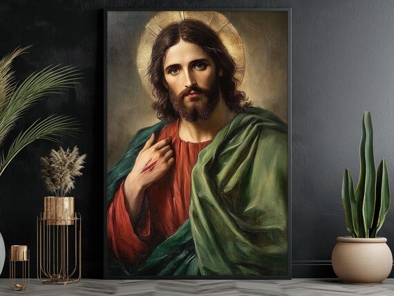 Classic Jesus Christ Portrait With Golden Halo Red Robe Religious Print