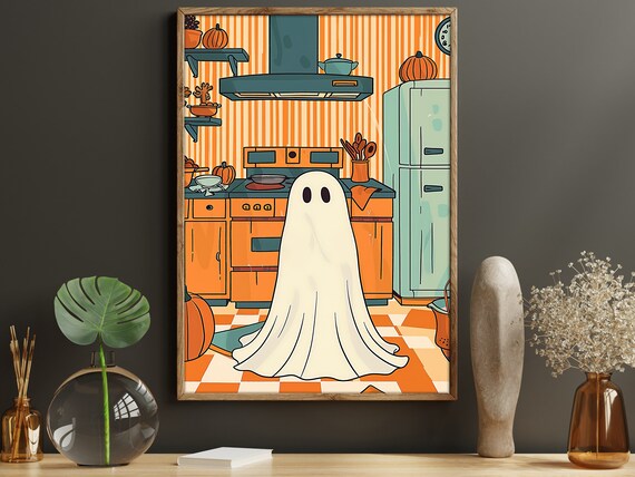 Cute Ghost In Retro Orange Kitchen Pumpkins Halloween Illustration Poster