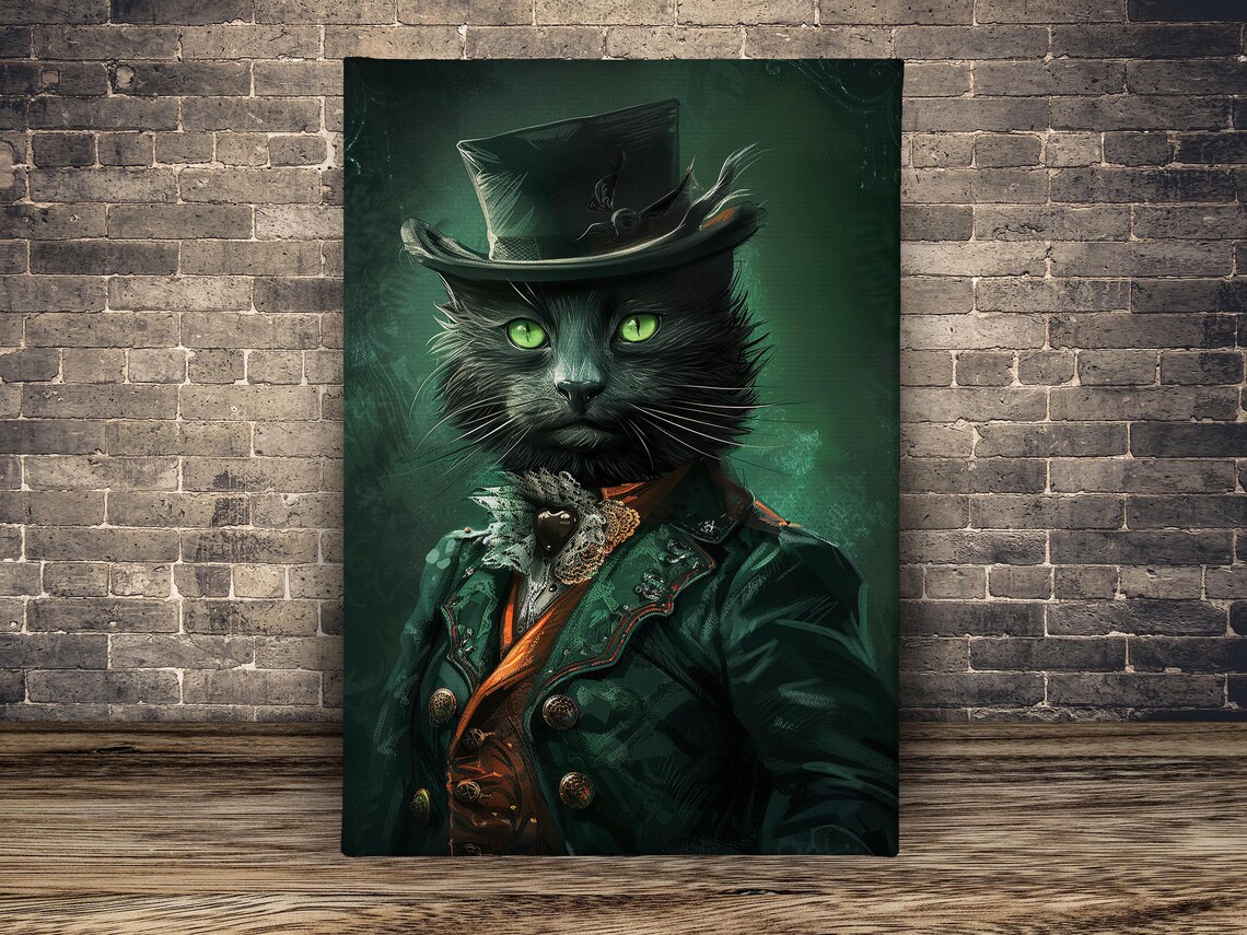 Gothic Gentleman Black Cat Portrait In Top Hat Vintage Style Print - Image 2