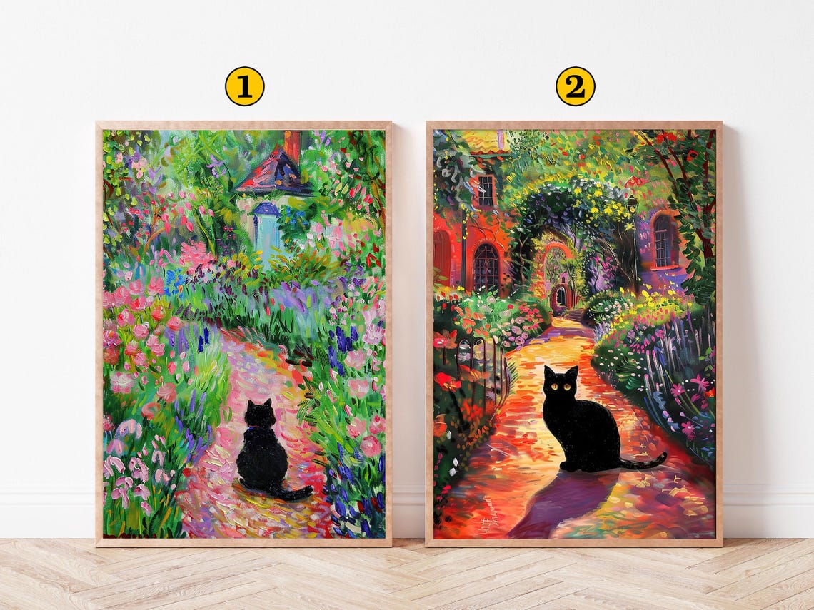 Black Cat In Flower Garden Impressionist Garden Path Wall Art Print