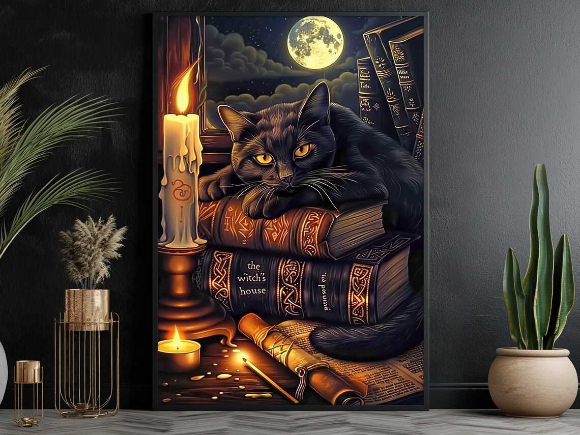 Cottage Black Cat Witch Painting, Retro Halloween Art Print - Image 5