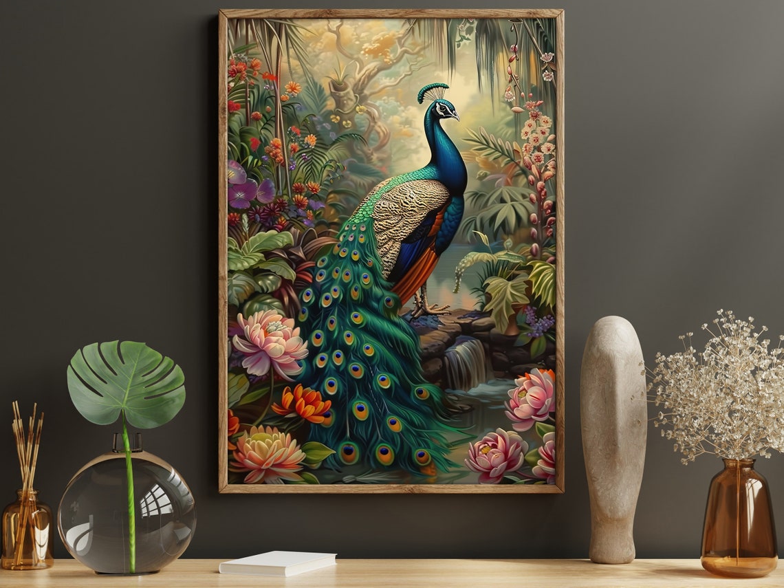 Majestic Peacock With Full Tail In Tropical Floral Jungle Bird Poster