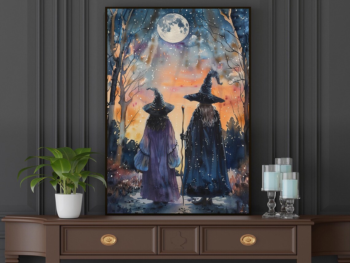 Mother And Child Witches Under Moonlight Watercolor Halloween Poster - Image 5