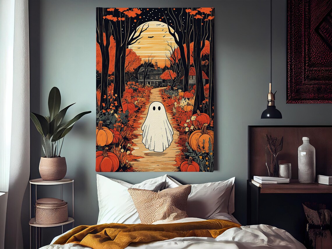Cute Ghost Pumpkin Patch Autumn Forest Moon Vintage Halloween Illustration Poster - Image 3