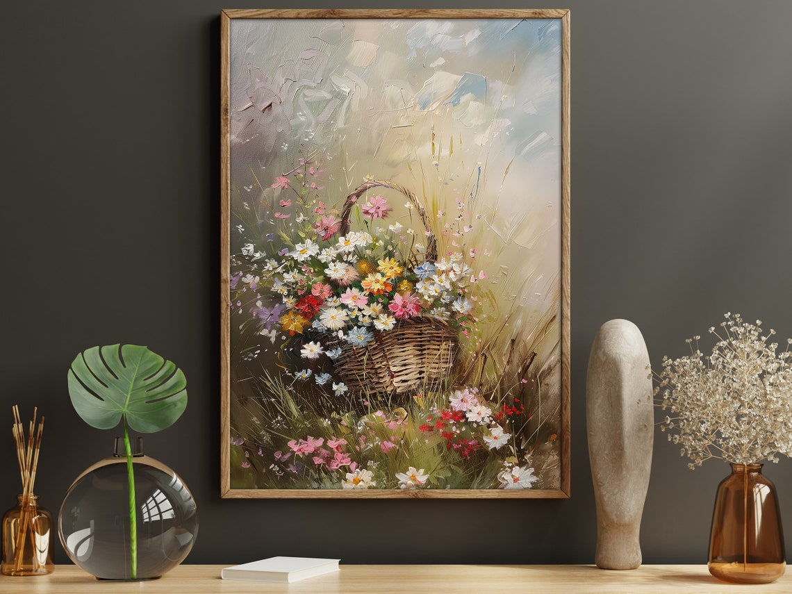 Vintage Wildflowers Basket Oil Painting Flowers Print Cottage Flowers Flowers Poster Wild Flower Wall Art