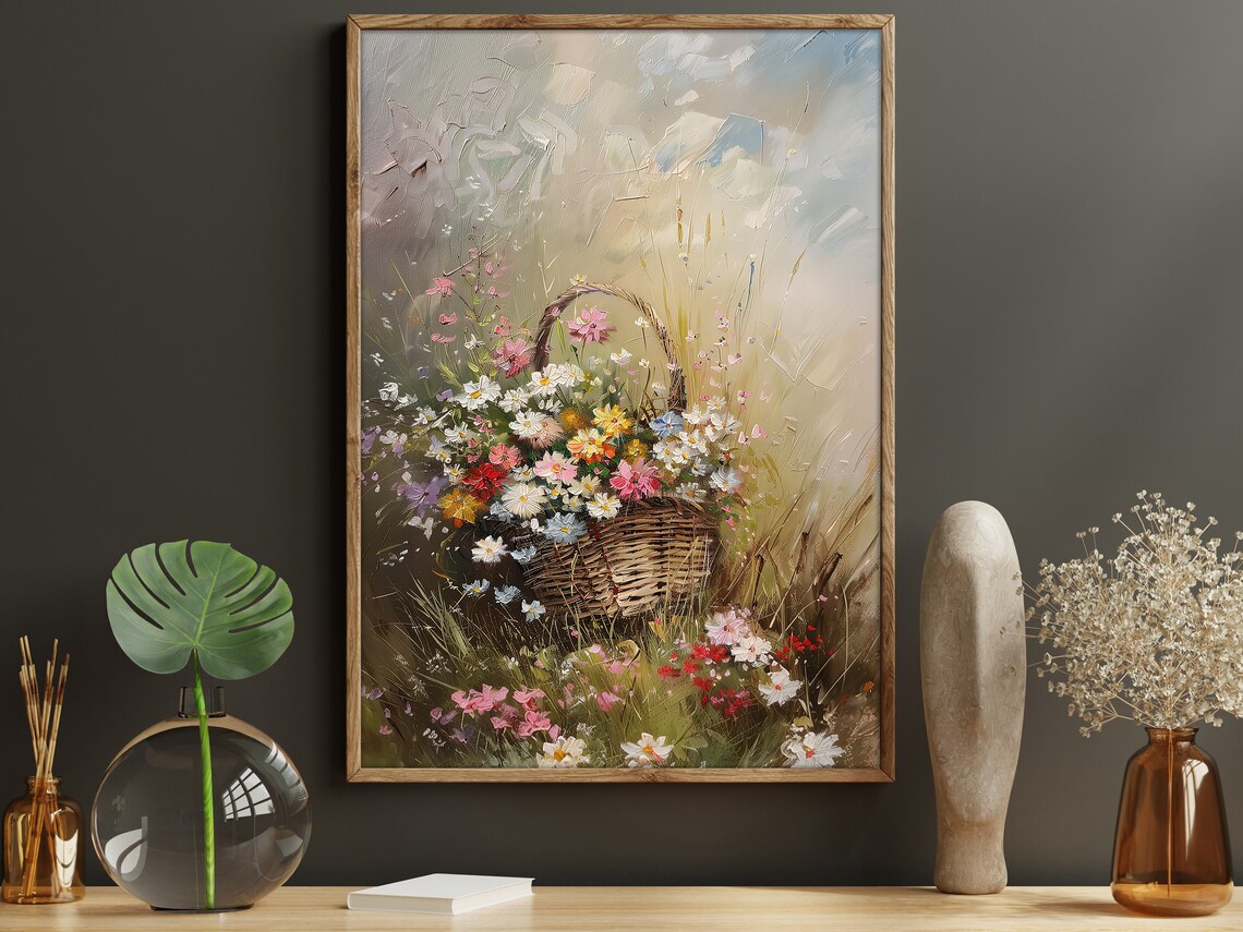Wicker Basket Of Colorful Wildflowers Meadow Impressionist Art Poster