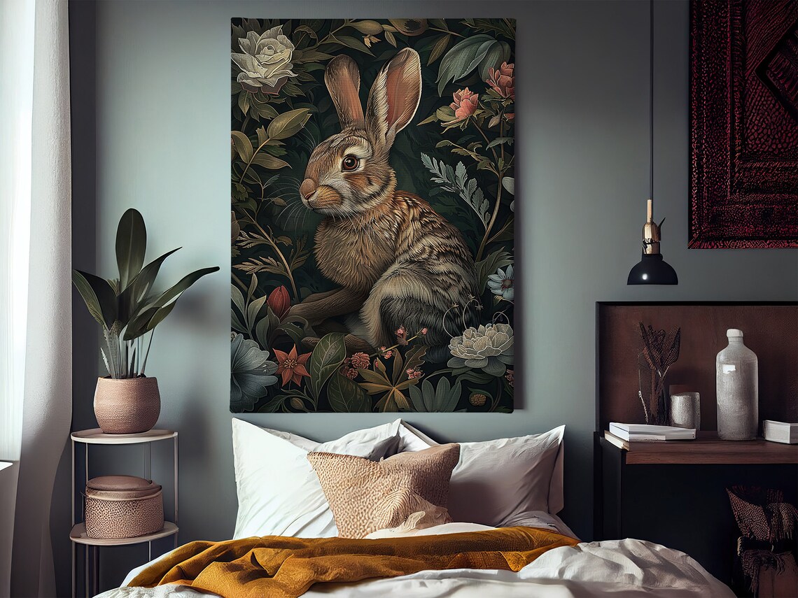 Vintage Rabbit and Flowers Poster Print, Cottage Decor - Image 2