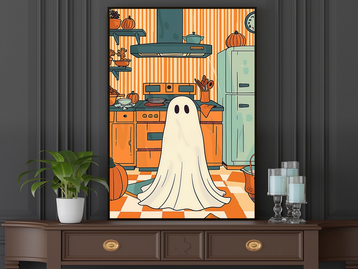 Cute Ghost In Retro Orange Kitchen Pumpkins Halloween Illustration Poster - Image 5