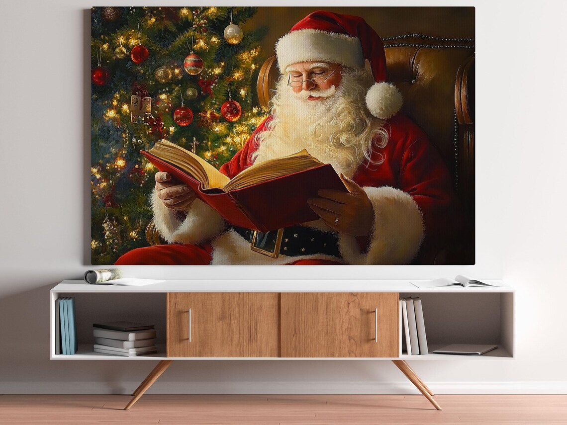 Santa Claus Reading Big Red Book Leather Chair Christmas Tree Cozy Art Poster - Image 5