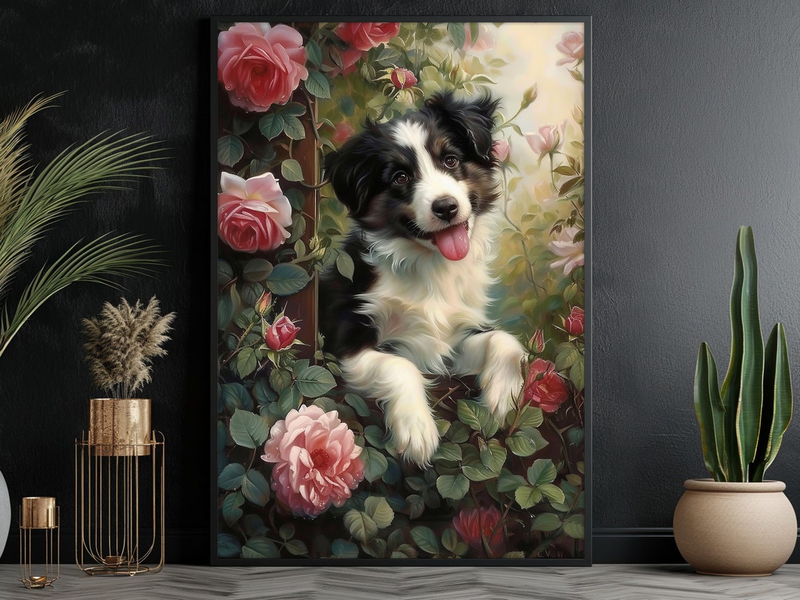 Cute Dog In Flower Garden Oil Painting Dog Print Dog Print Flowers Poster Print Pet Wall Art Dog Lovers Gift