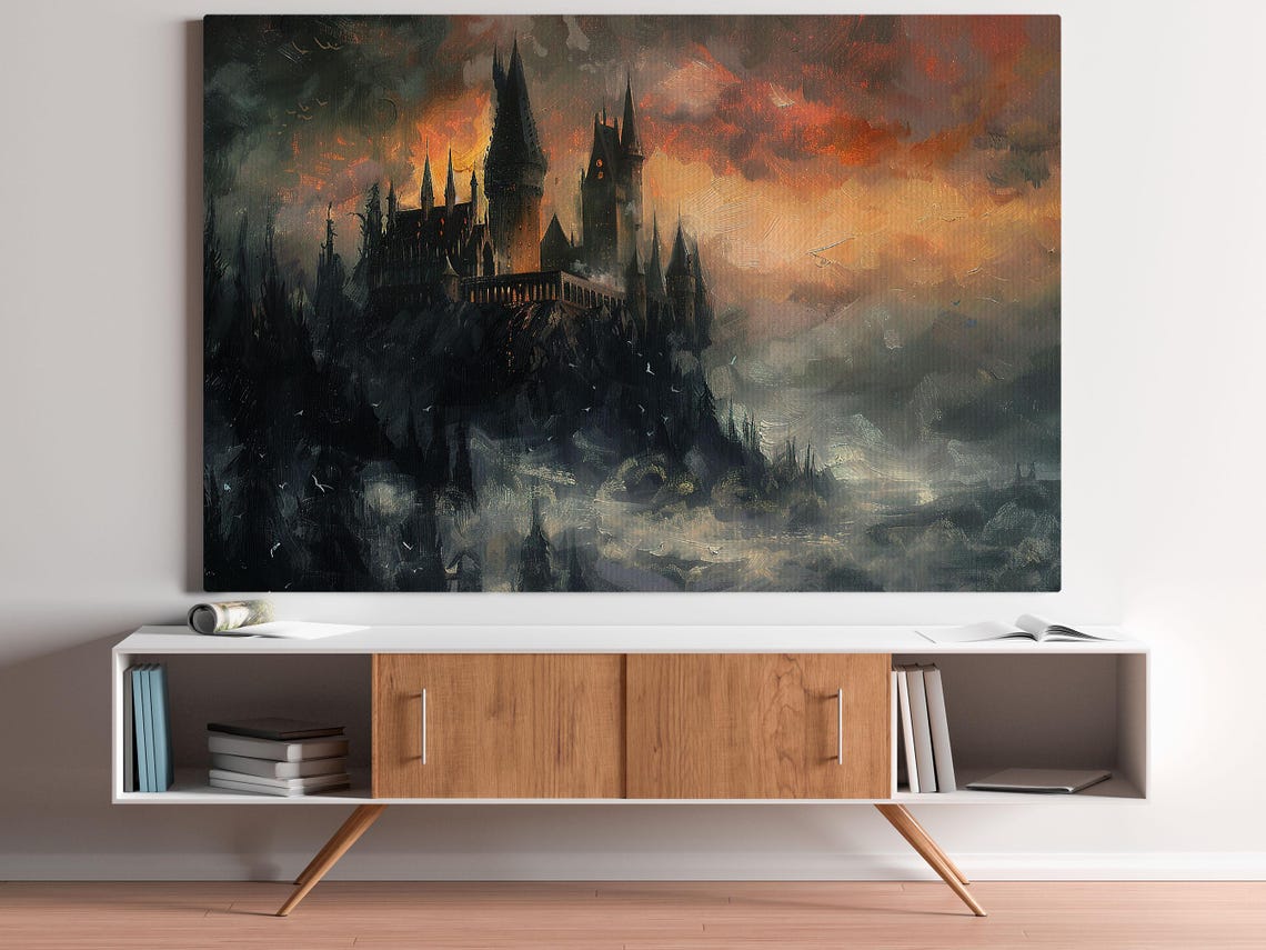 Dark Gothic Castle on Hill Under Fiery Sunset Sky Halloween Art Poster - Image 5