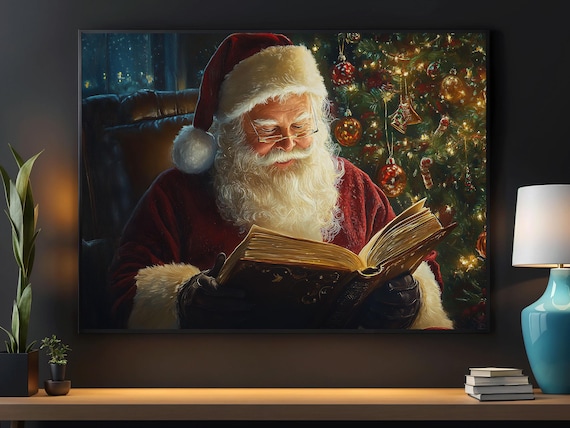 Santa Claus Reading Book Night Window Christmas Tree Lights Quiet Holiday Art Poster
