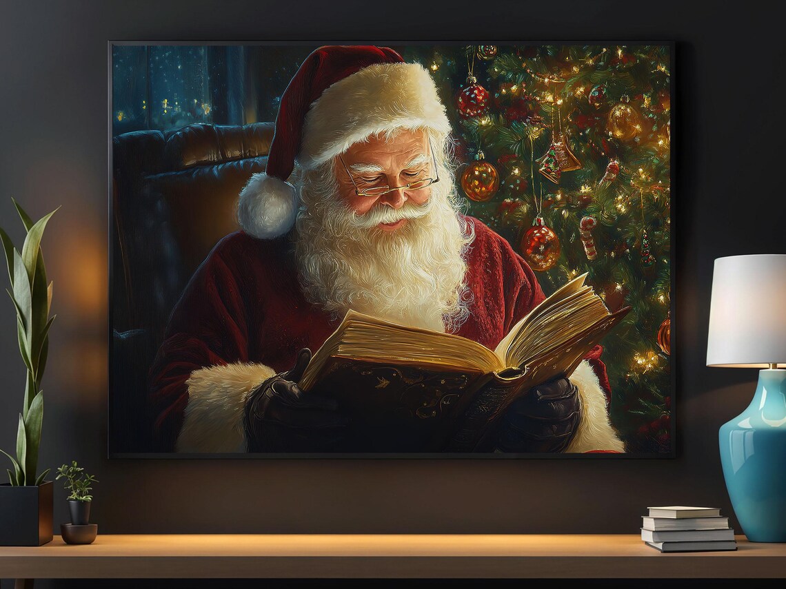Santa Claus Reading Book Night Window Christmas Tree Lights Quiet Holiday Art Poster
