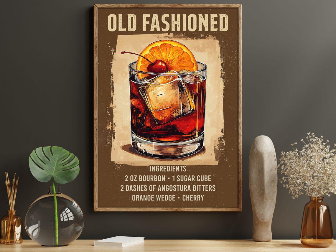 Old Fashioned Cocktail Recipe Bourbon Glass Orange Cherry Bar Poster