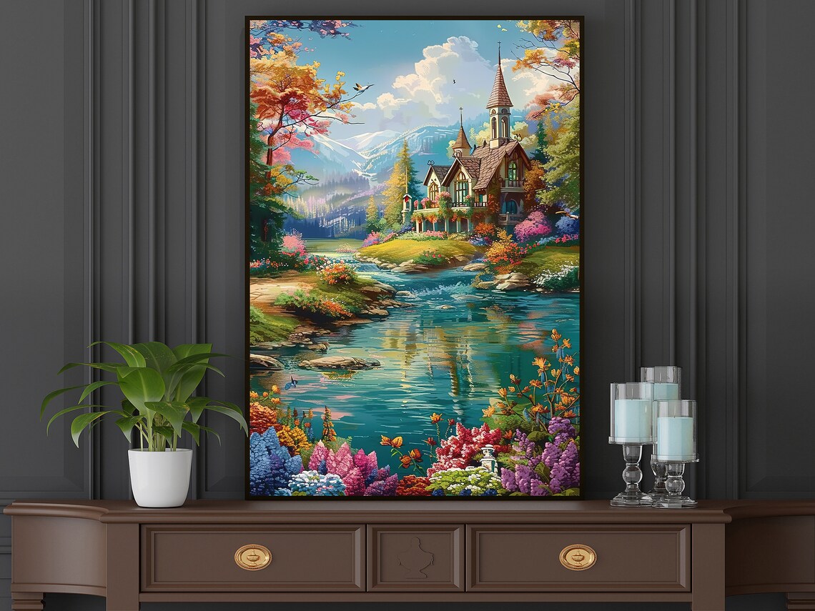 Storybook Cottage By Turquoise River Mountain Garden Fantasy Poster - Image 5