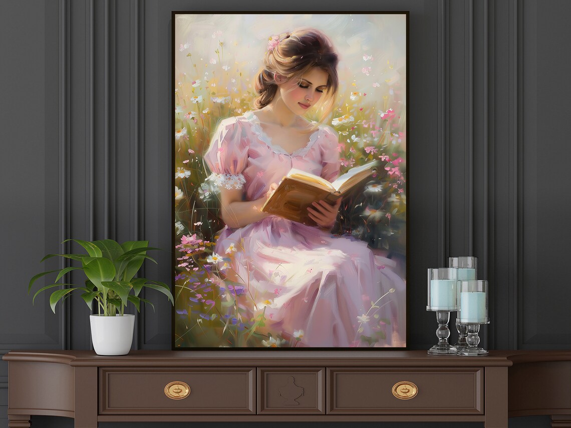 Vintage Girl Reading in Flower Garden, Art Print - Image 5