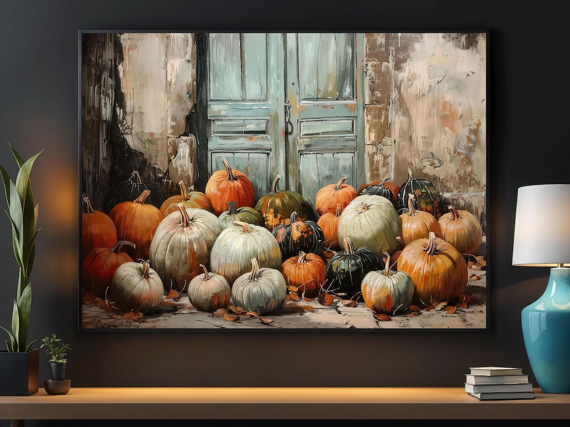 Vintage Harvest Pumpkins Pile Rustic Fall Farmhouse Wall Art Print