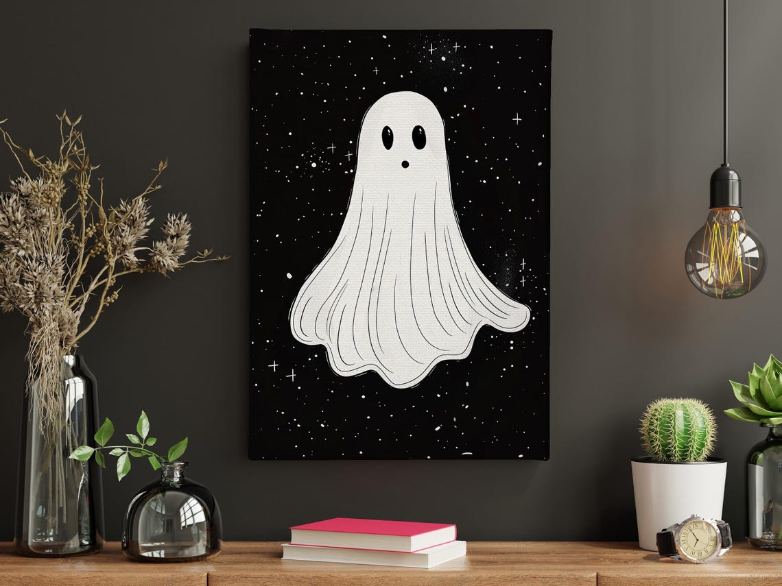 Minimalist Cute White Ghost on Black Starry Night Sky Art Poster - Image 4