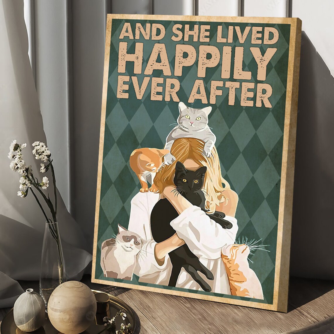 And She Lived Happily Ever After Woman Hugging Cats Retro Cat Lover Print - Image 5