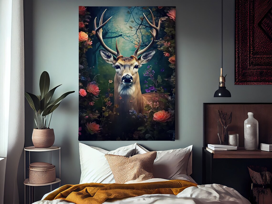 Majestic Stag Antlers Moonlit Blue Forest Flowers Enchanted Wildlife Art - Image 3