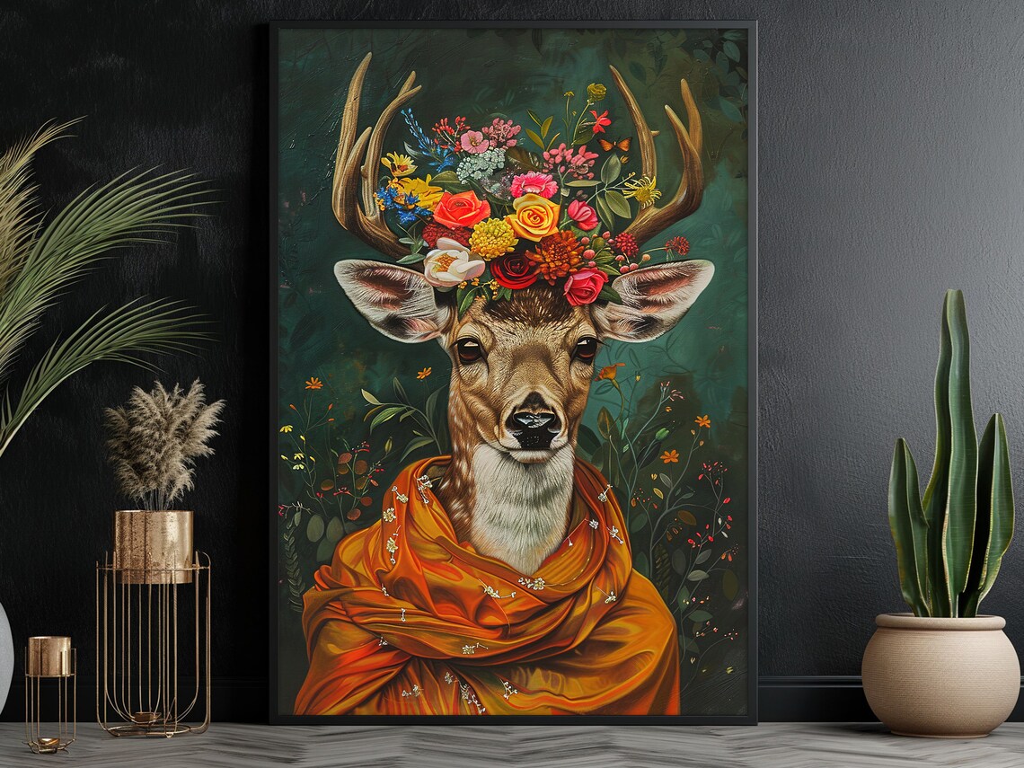 Deer With Flower Crown Orange Shawl Antlers Maximalist Floral Art Poster - Image 3