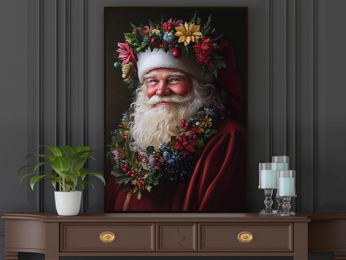 Vintage Santa Wearing Christmas Wreath Painting Christian Cottage Santa Claus Poster Print Christmas Wall Art Christmas Decor - Image 5