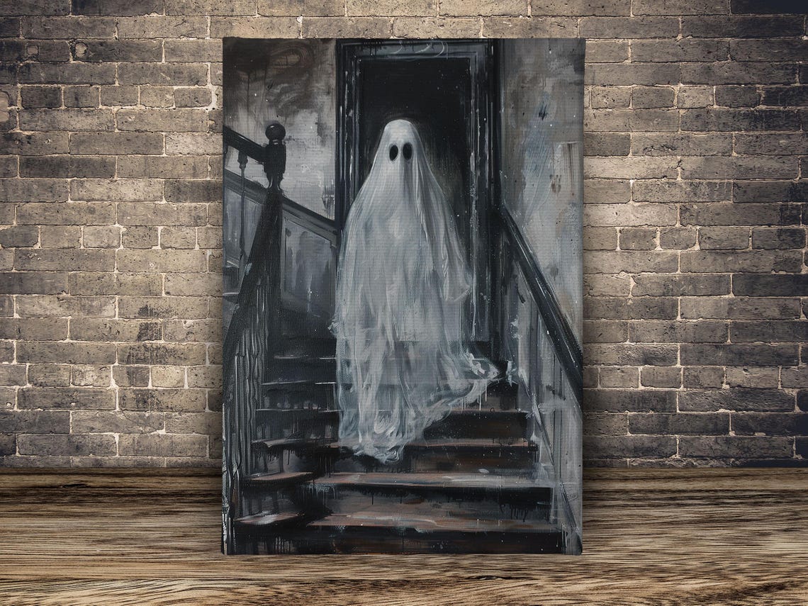 Spooky White Ghost On Dark Stairs Haunted House Halloween Poster - Image 2