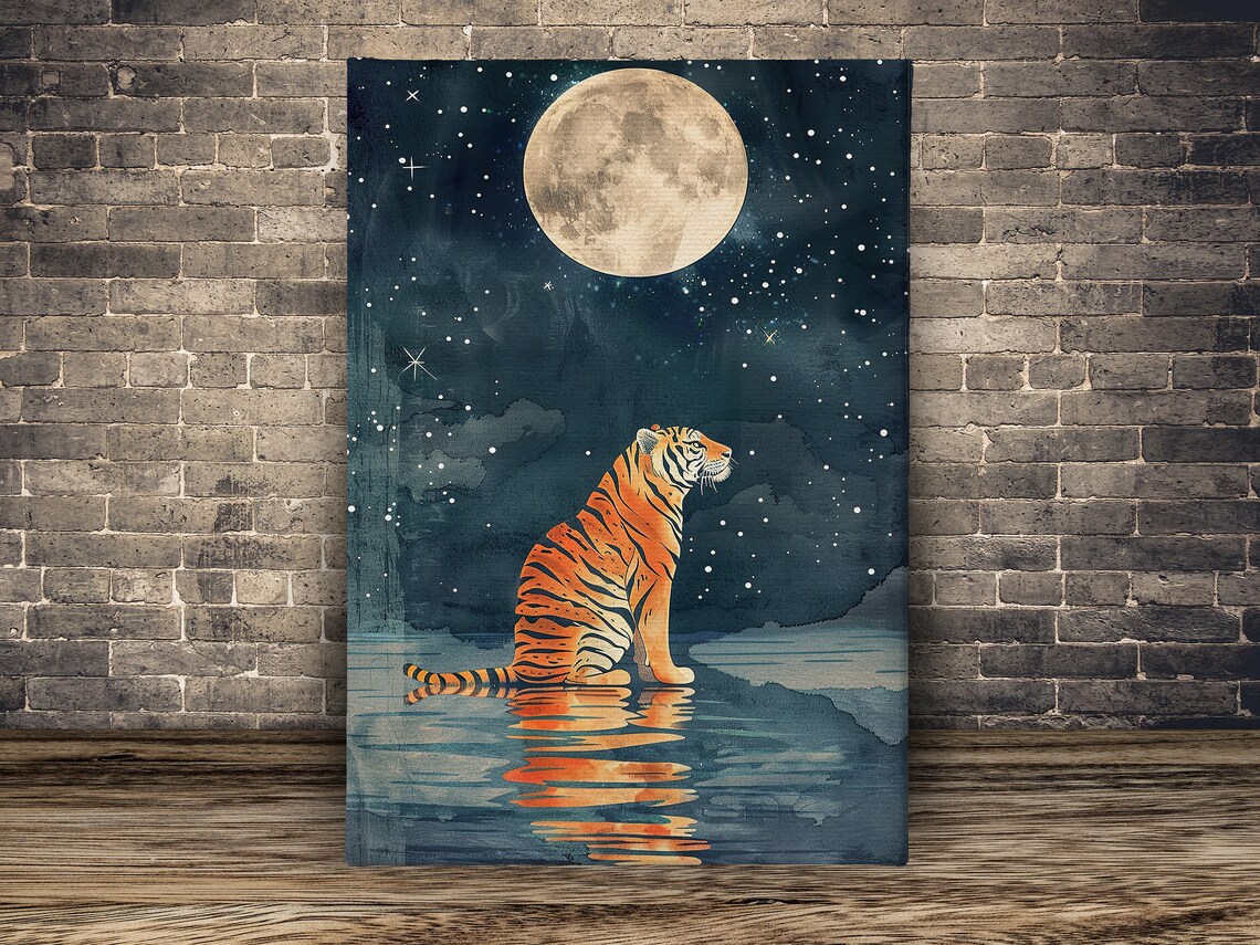 Vintage Tiger Under The Moon, Animal Art Print - Image 2