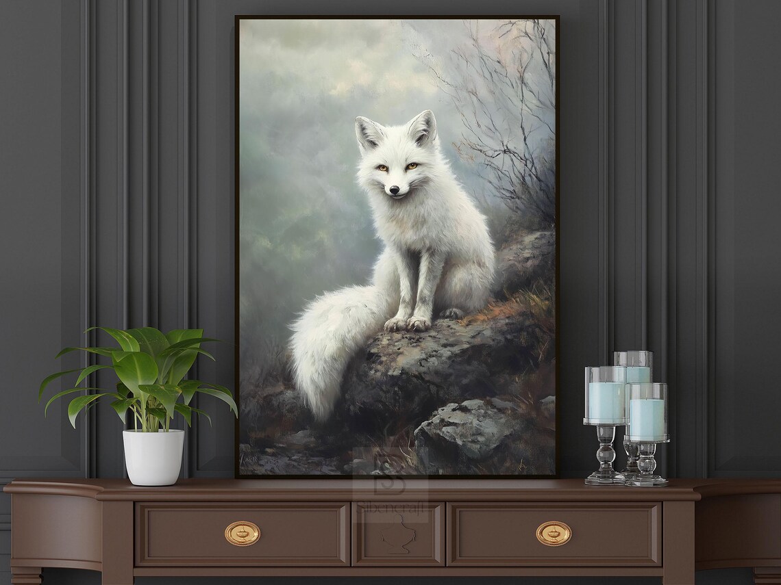White Arctic Fox Sitting On Snowy Rocks Misty Winter Forest Wildlife Art Poster - Image 2